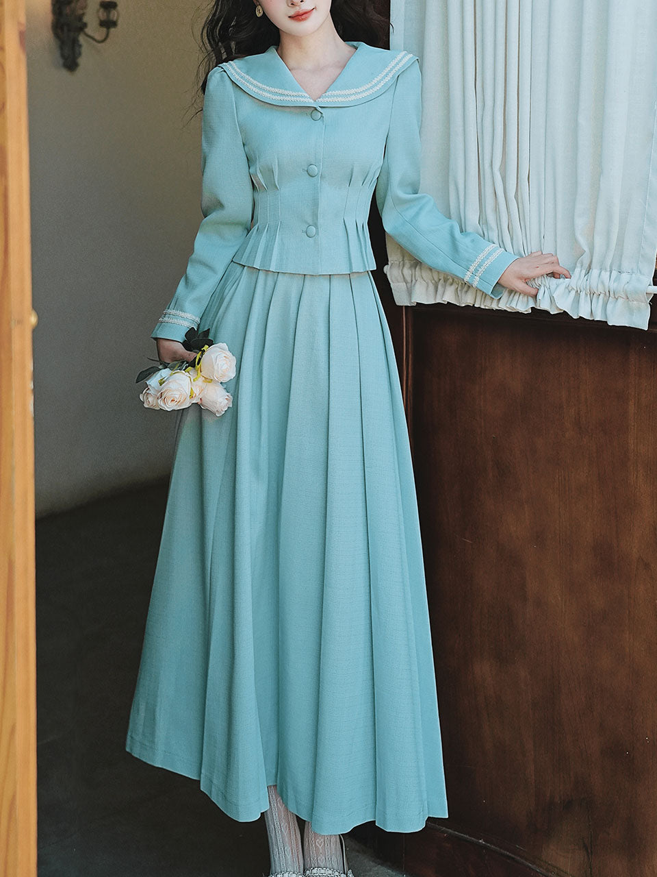 2PS Lake Blue Sailor Collar Tweed Coat