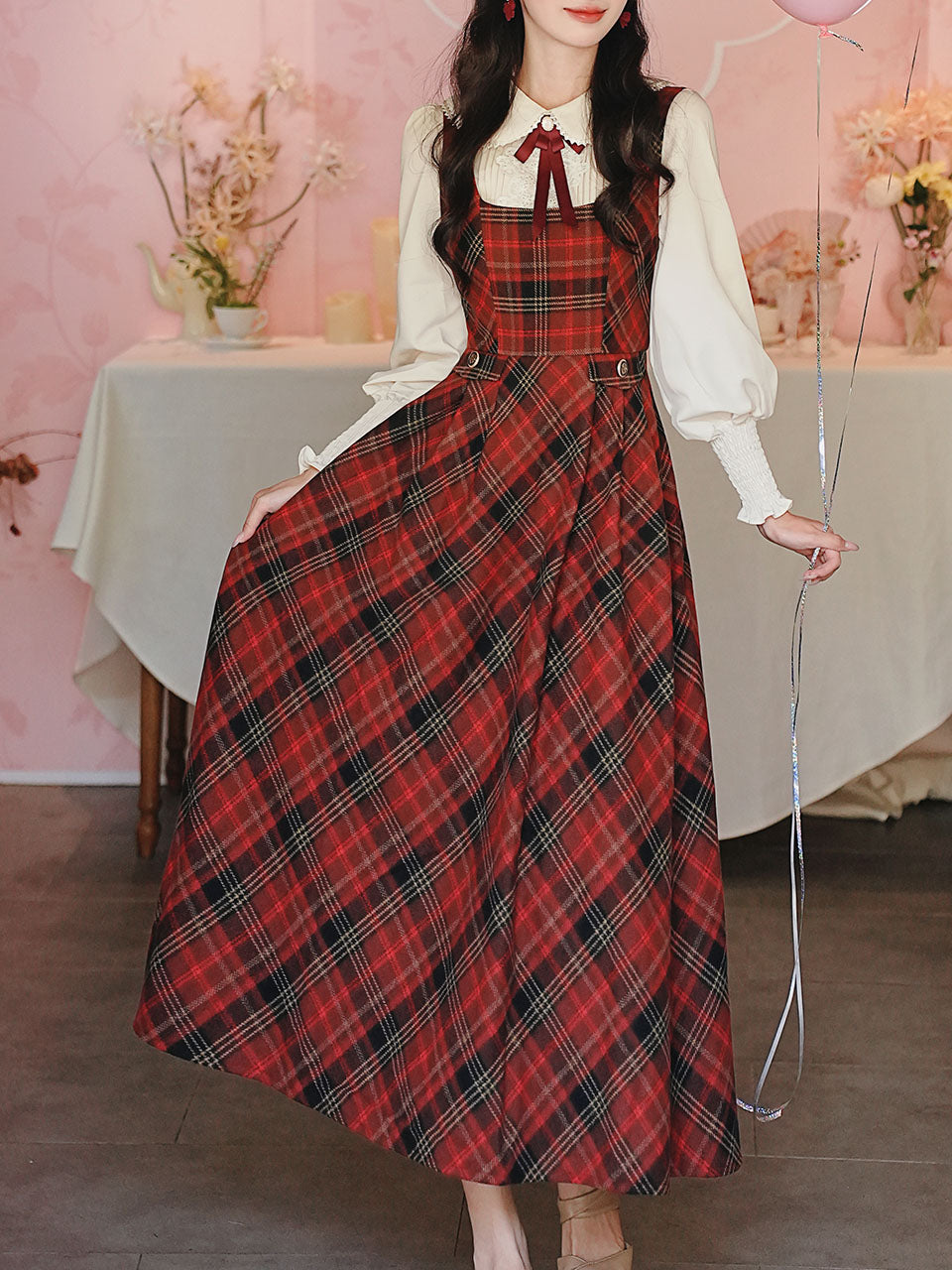 Red Tartan Wool Blend Jumper Dress