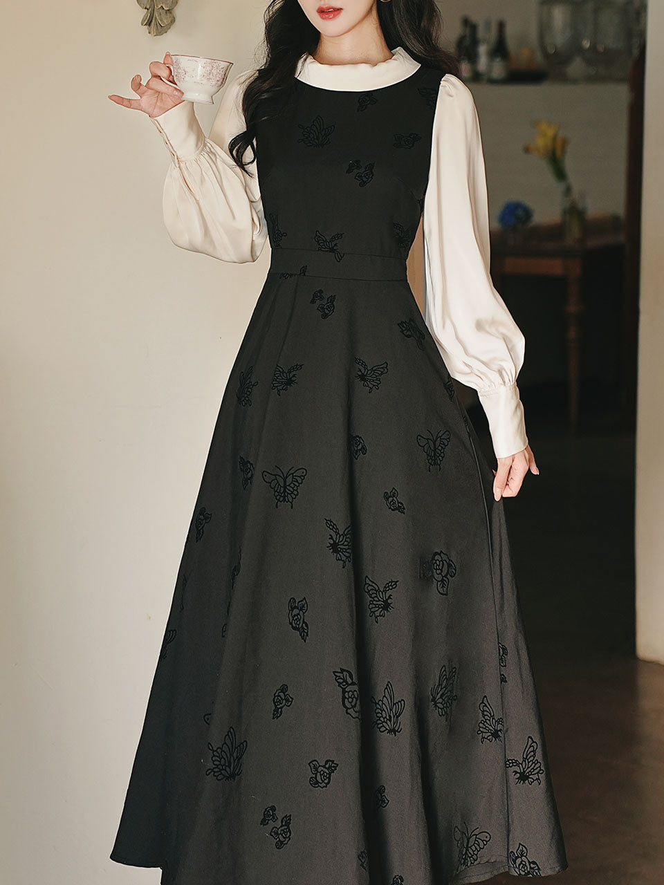 Black & White Butterfly Embroidered Dress