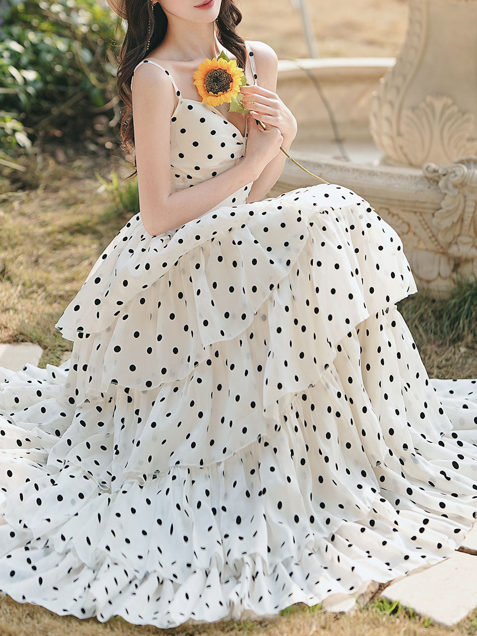 Vintage White Polka Dots Spaghetti Strap Maxi Dress