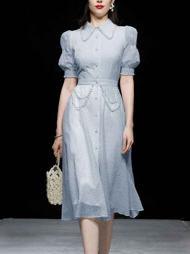 White Pearl Collar Romantic Floral Textured Shirt Dress