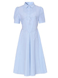 Blue Stripe Turn Down Collar 1950S Vintage Dress