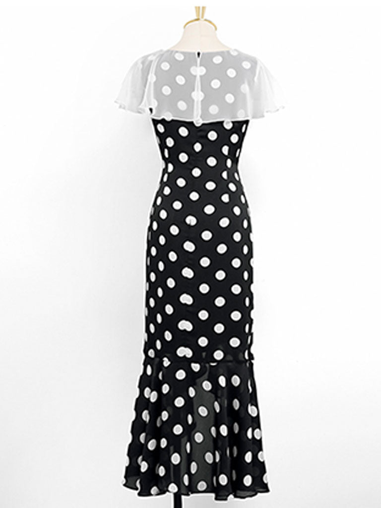 Black And White Polka Dot Vintage Lotus Leaf Cape Waist Slim Elegant Fishtail Dress