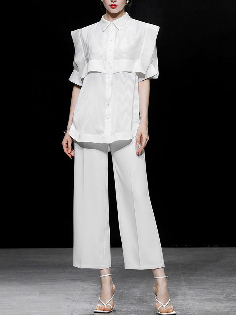 2PS Casual White Shirt And White Wide Leg Pants Ninth Pants Pants Set
