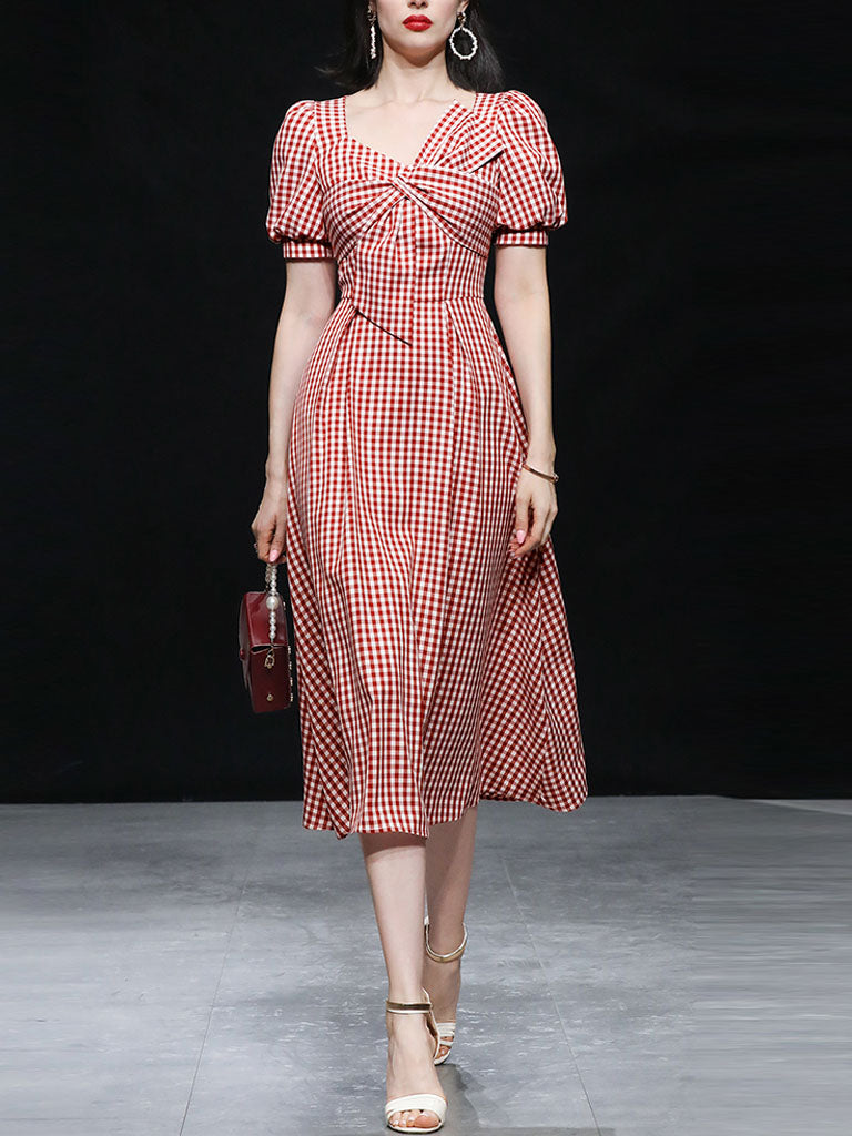 Plaid Short Sleeve Bow Cross Waist 1950S Vintage Dress