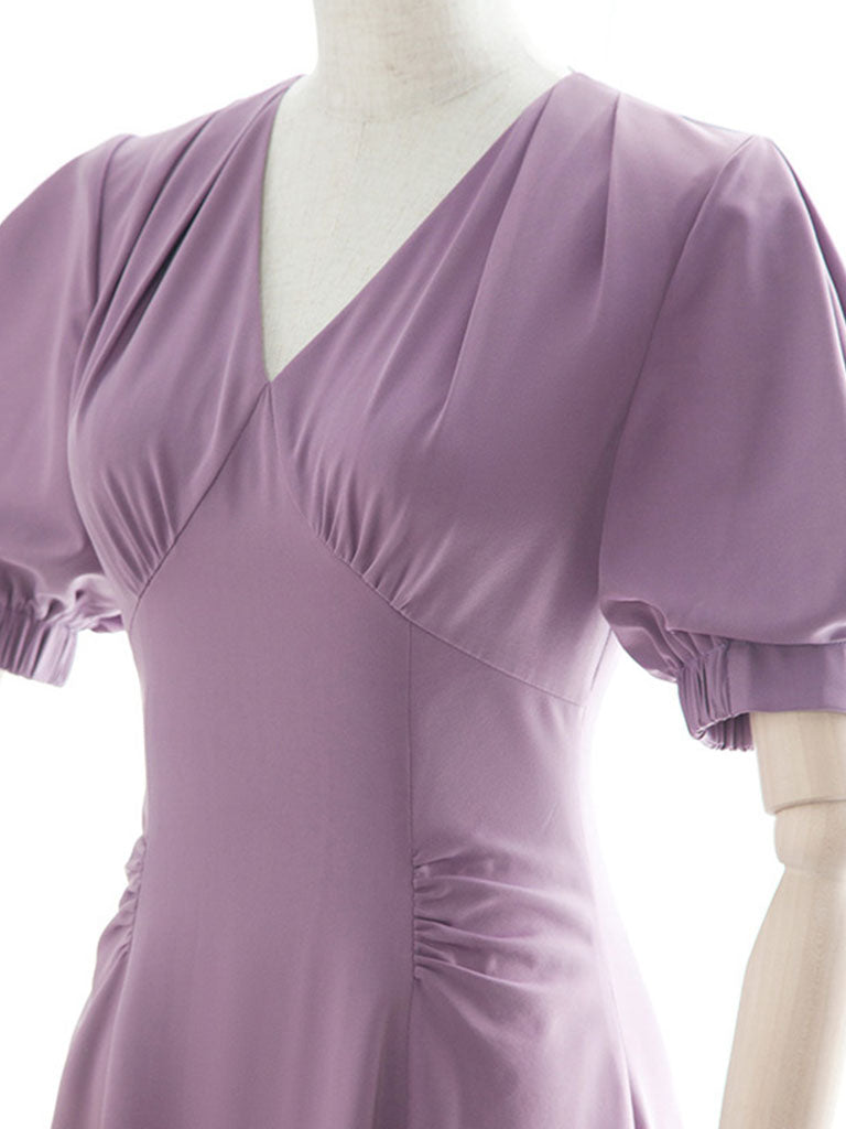Lavender V Neck Puff Sleeve Swing Vintage Style 1940S Dress
