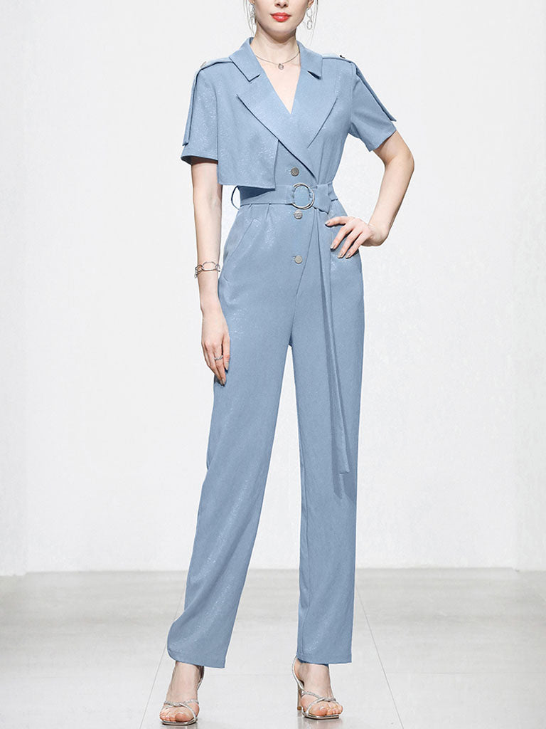 Lapel Collar Short Sleeve Asymmetric Design Belted Waist Jumpsuit
