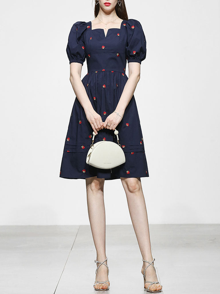 Navy Embroidered Vintage Square Neck Puff Sleeve Mini Dress