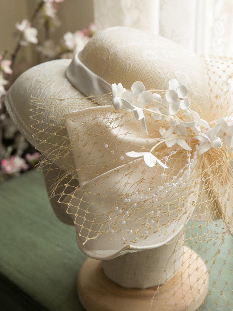 Beige Flower Bow Wedding Hat