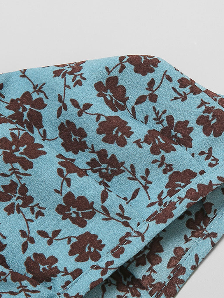 Blue Vintage Puff Sleeve Ruffled Floral Print Bow Summer Dress