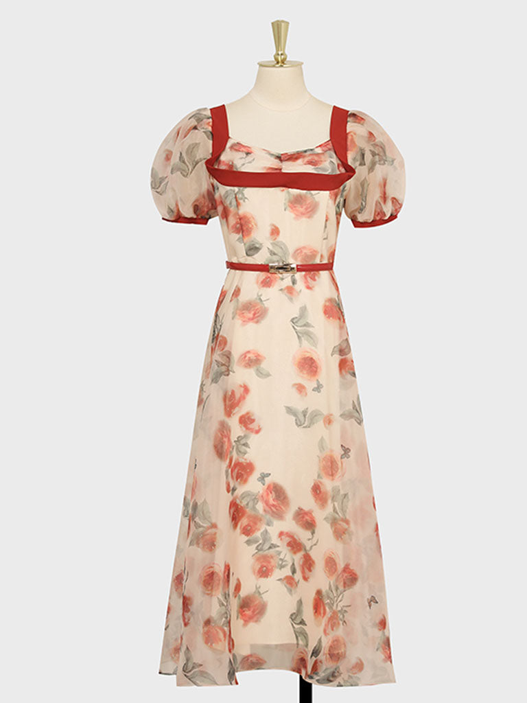 Romantic Rose Manor Retro Lantern Sleeve Wavy Organza Dress