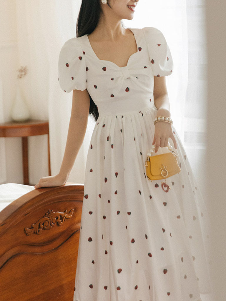 White Strawberry Bow Sweet Heart Collar Puff Sleeve Swing Fairy Dress