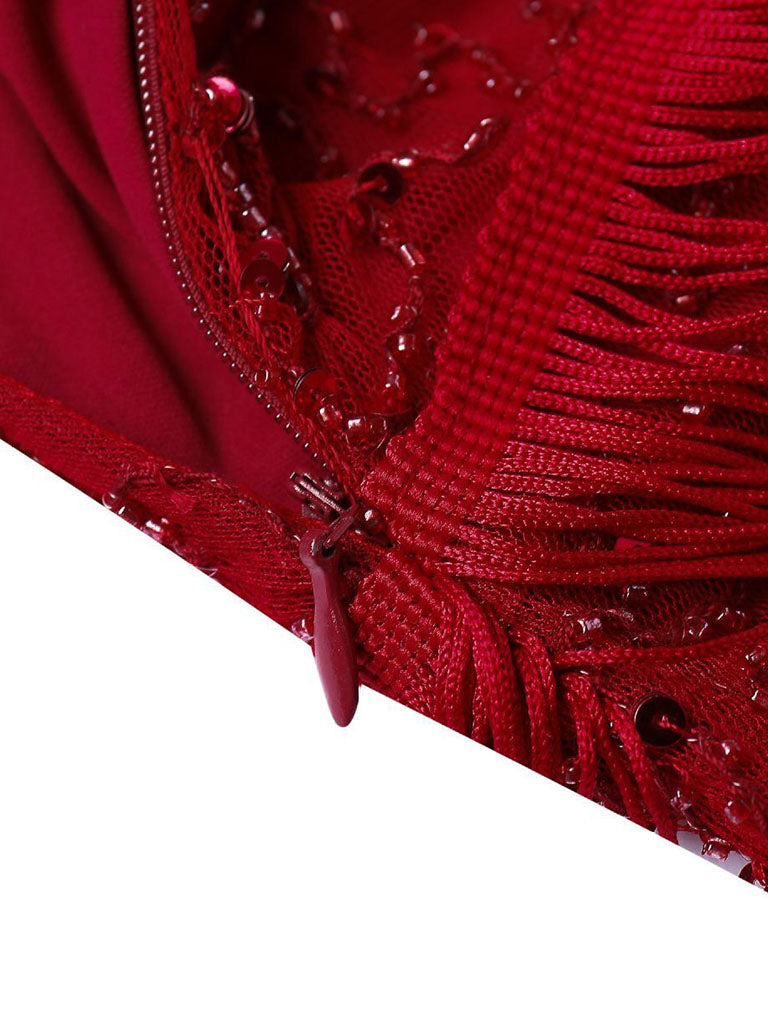 Wine Red Gatsby Glitter Fringe 1920s Flapper Dress Set
