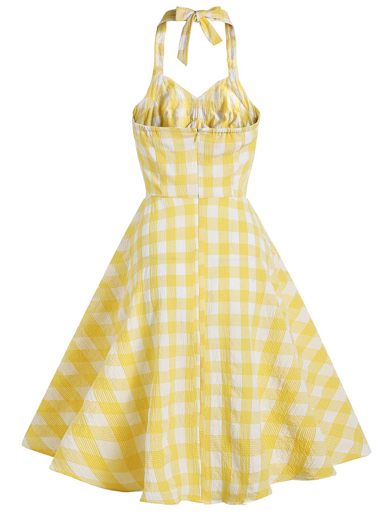 Yellow Plaid Halter Classis Vintage Style 1950S Dress