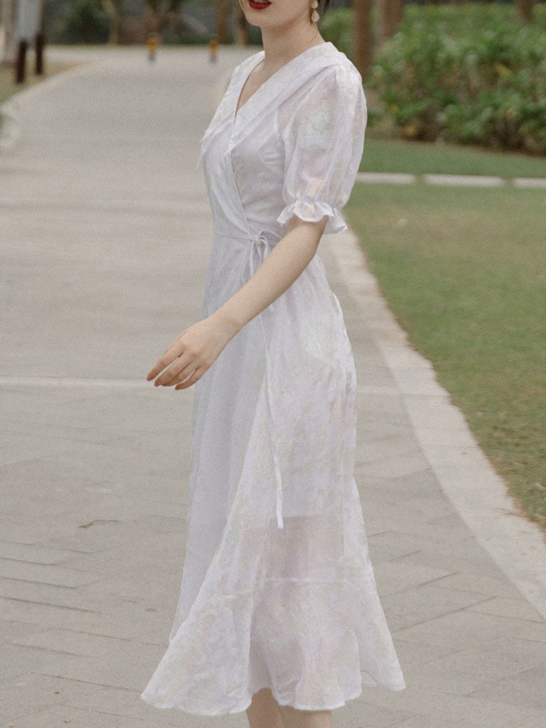 White Double Neck Puff Sleeve Wrap Dress
