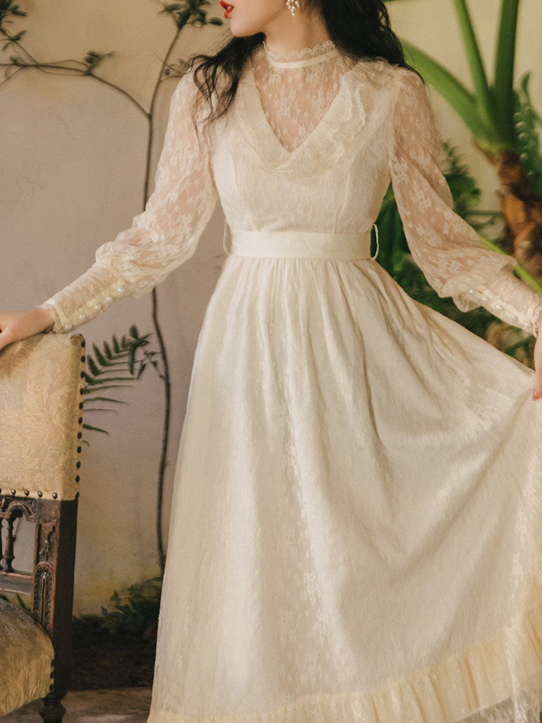 Apricot Ruffles Lace Semi Sheer Long Sleeve Vintage 1950S Swing Victoria's Fairy Dress