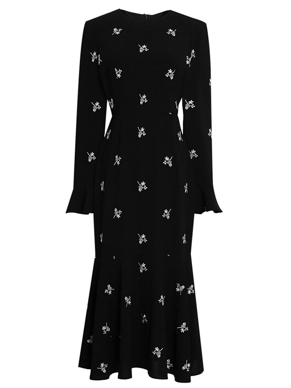 Black Embroidered Flowers Long Sleeve 1940S Fishtail Vintage Dress