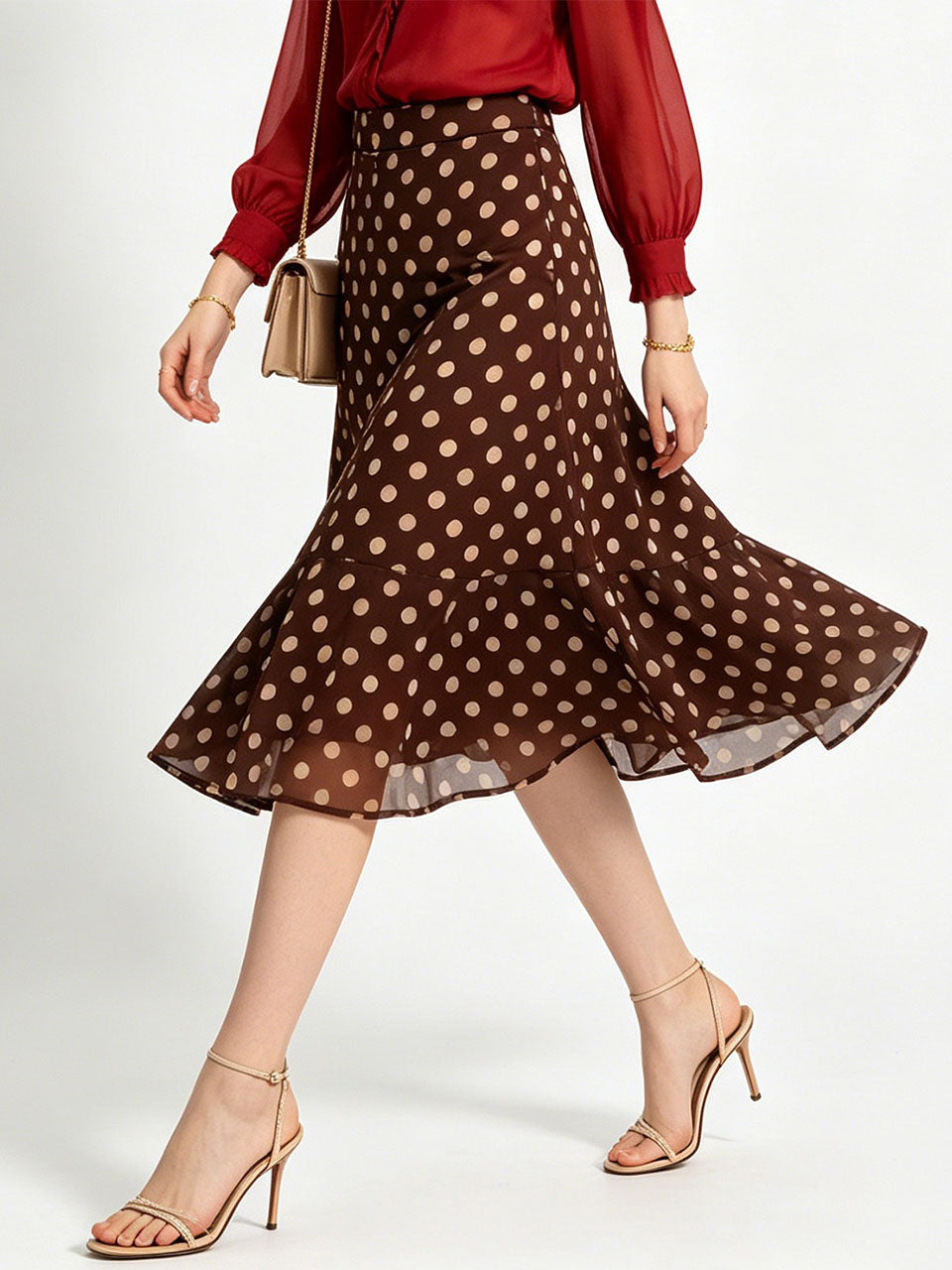 1950s Vintage Red Chiffon Shirt & Polka Dot Mermaid Midi Skirt Set
