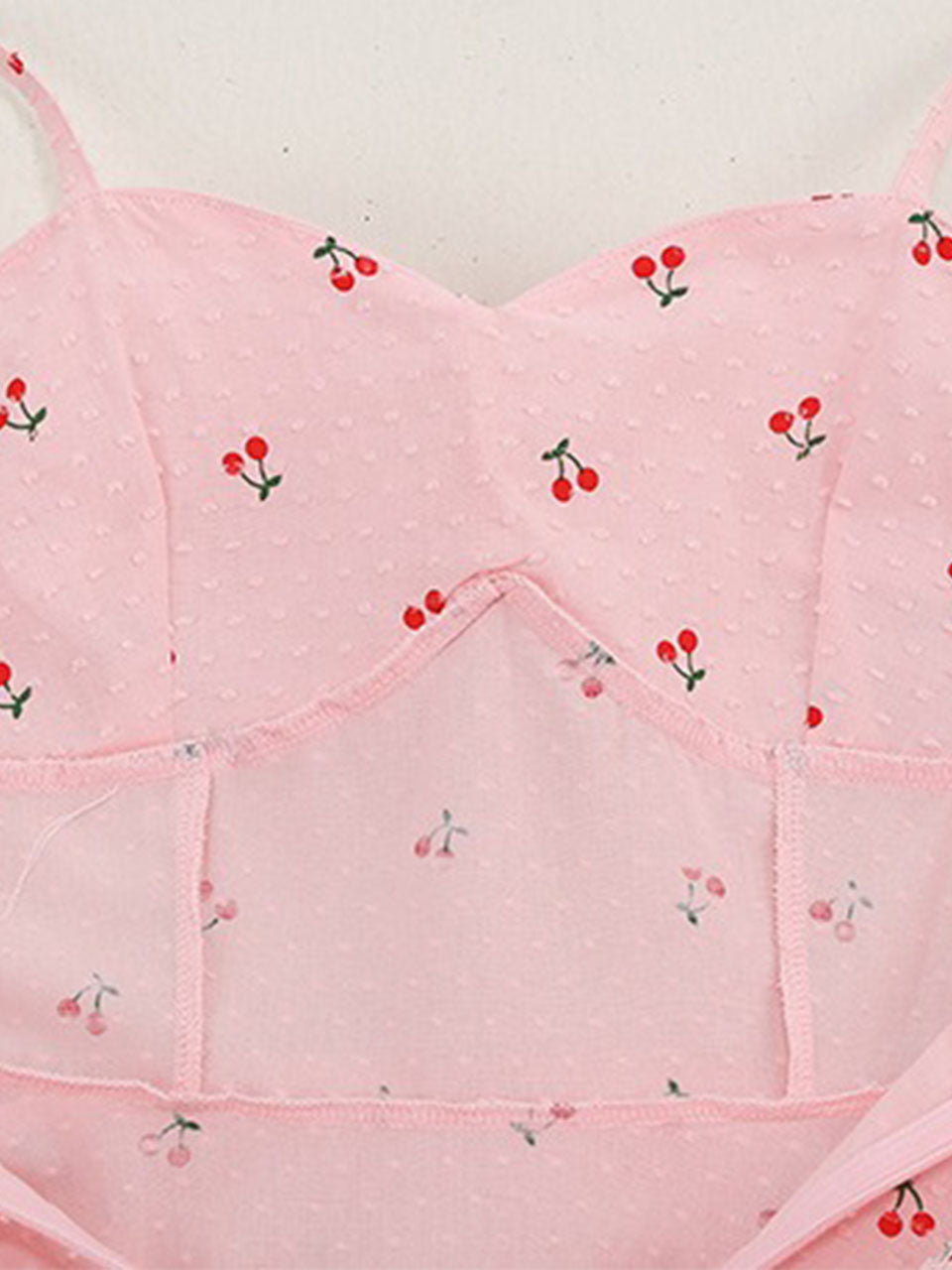 Vintage 1950s Pink Cherry Print Swiss Dot Spaghetti Straps Swing Dress