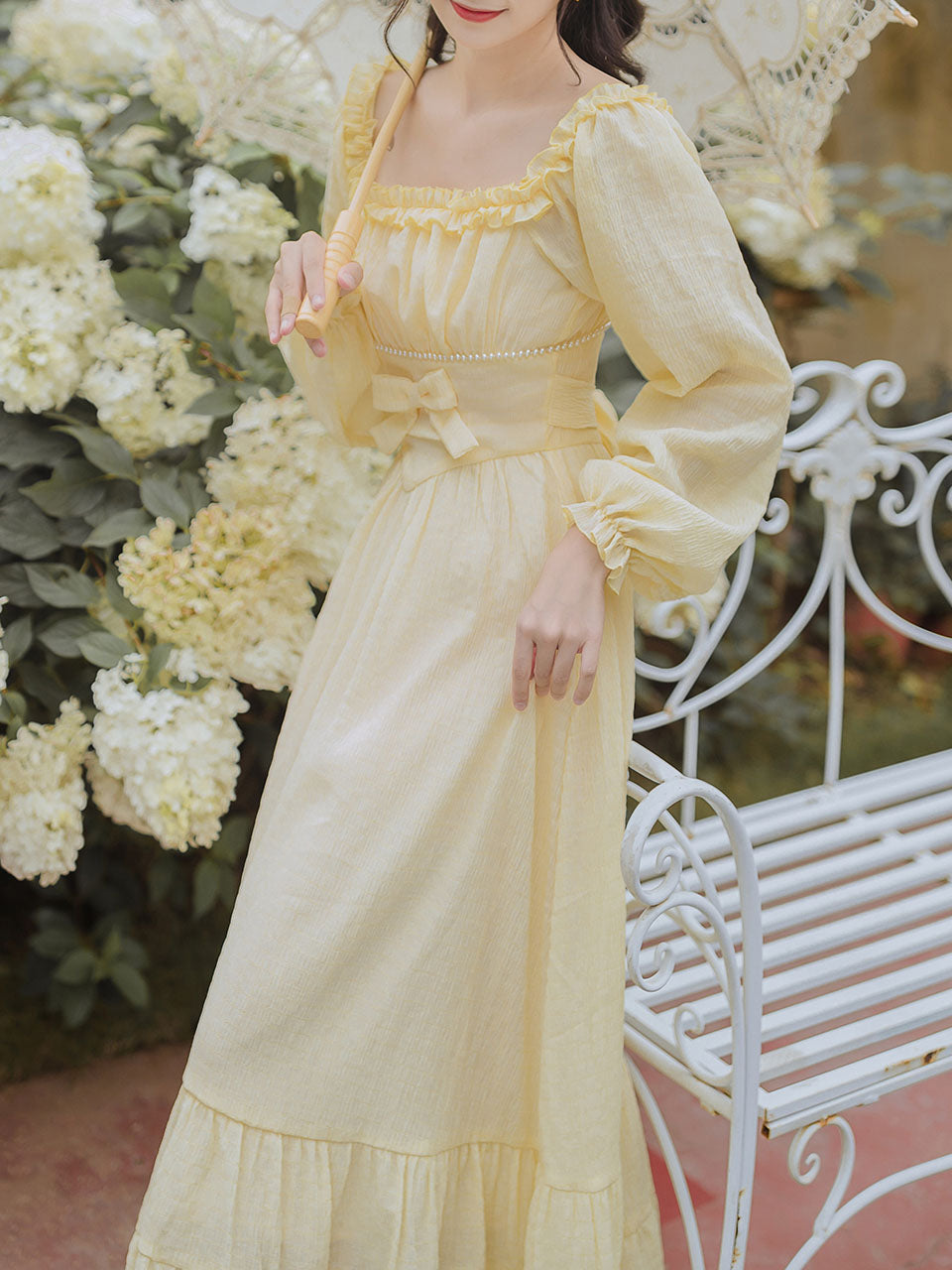Yellow Pearl Square Neck Lace 1950S Swing Dress