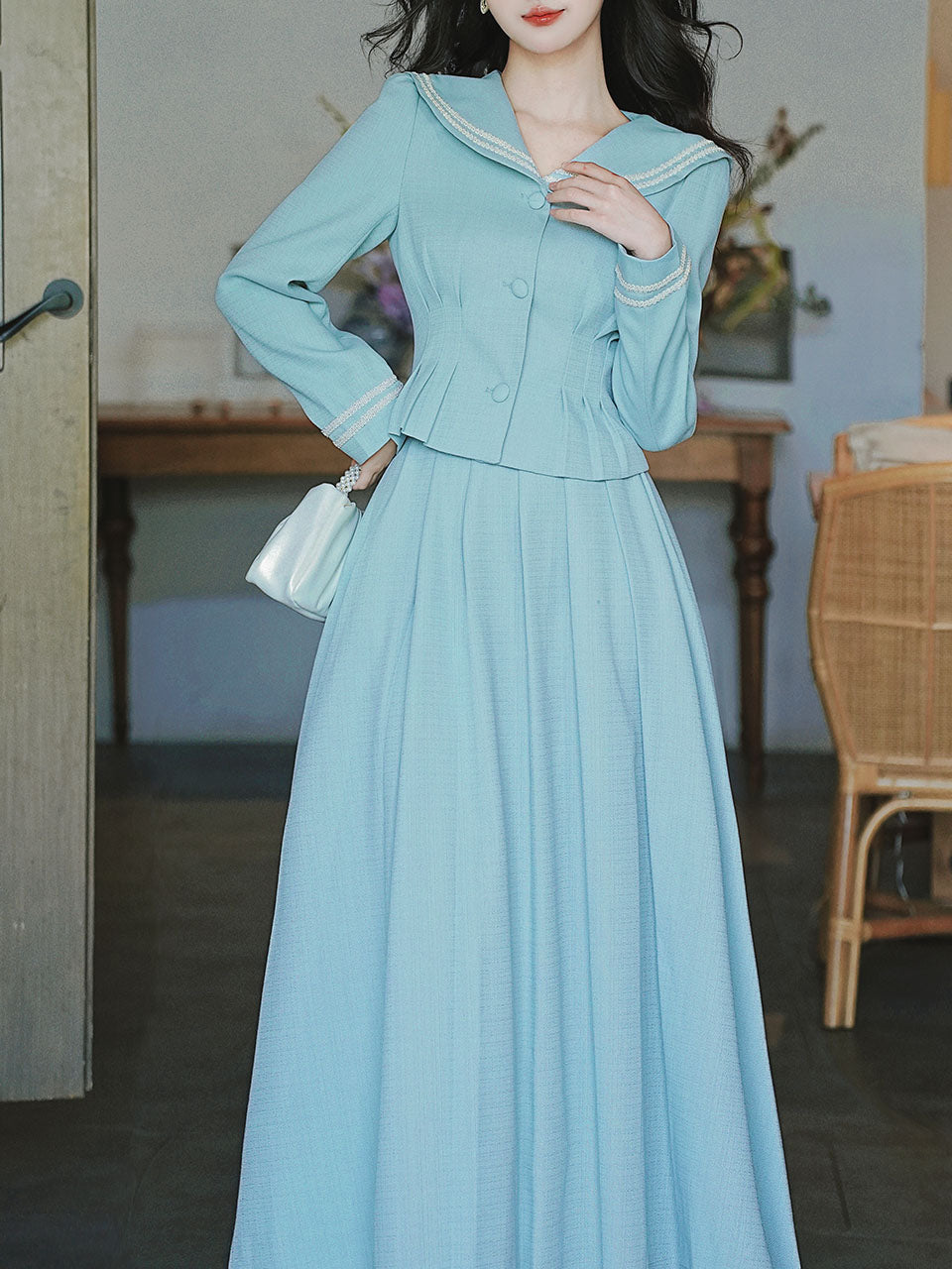 2PS Lake Blue Sailor Collar Tweed Coat