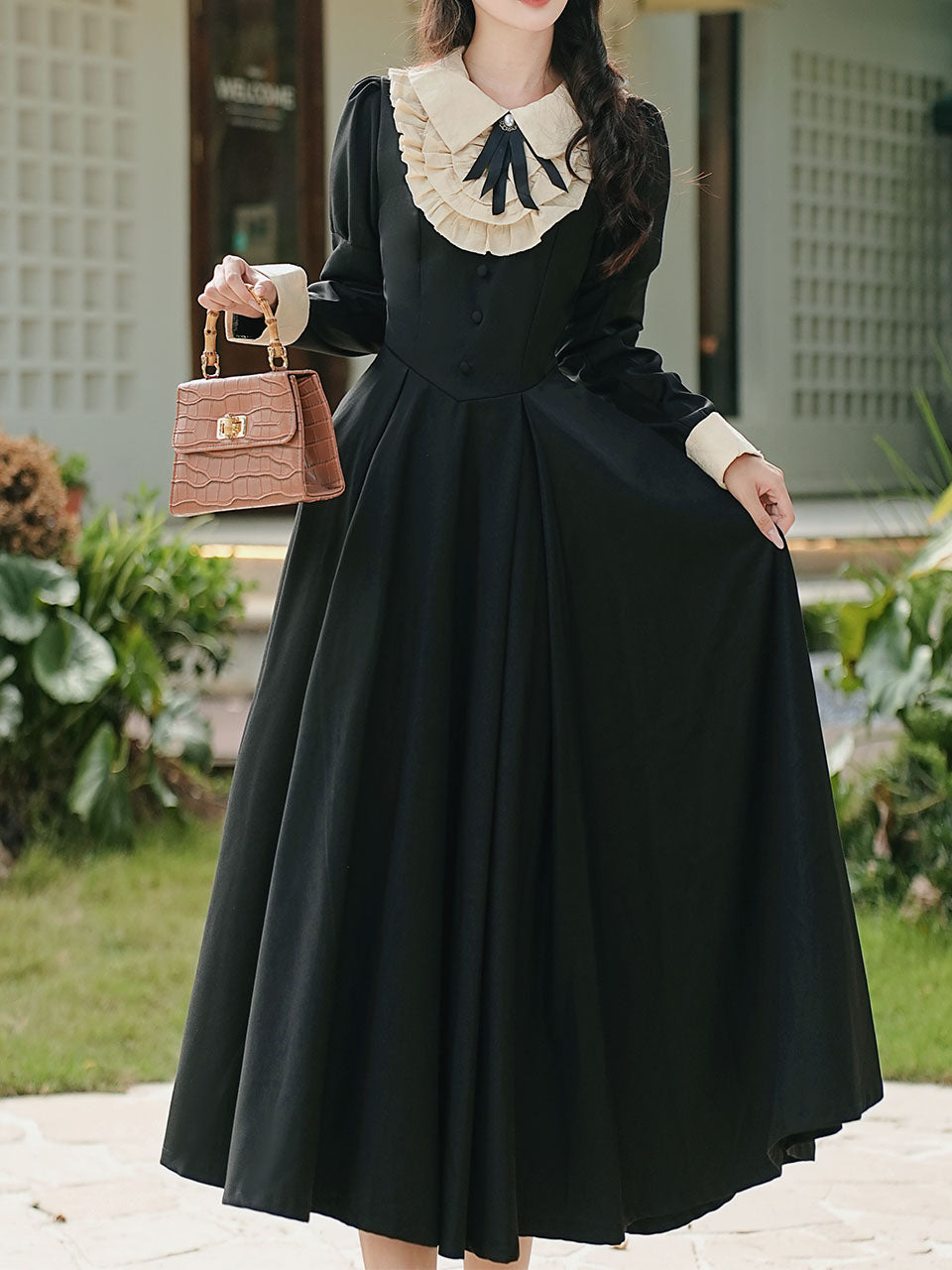White Lace Collar Long Sleeve Black Edwardian Revival Dress