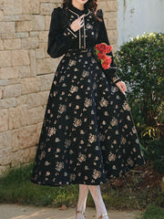 1950S Vintage Black Embroidered Puffed Sleeve Shirt And Swing Skirt Set