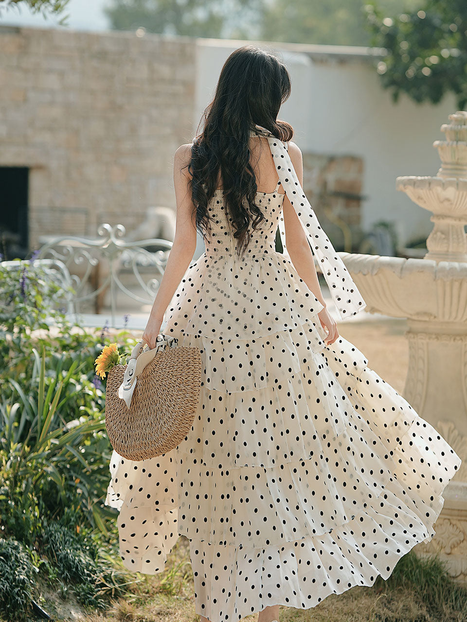 Vintage White Polka Dots Spaghetti Strap Maxi Dress