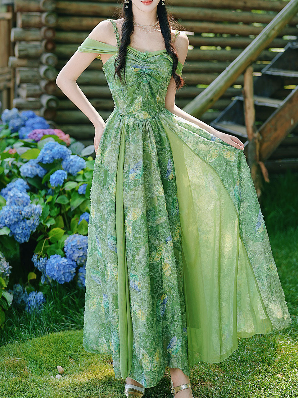 Forest Green Butterfly Print Lace Off-Shoulder Sweetheart Maxi Dress