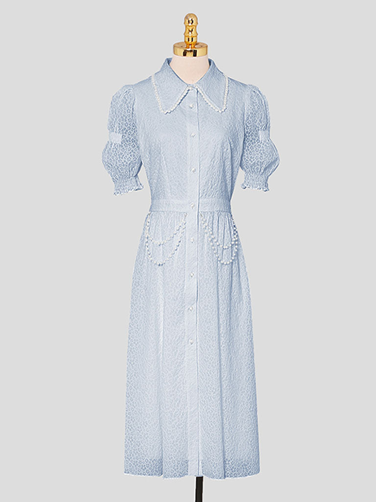 White Pearl Collar Romantic Floral Textured Shirt Dress