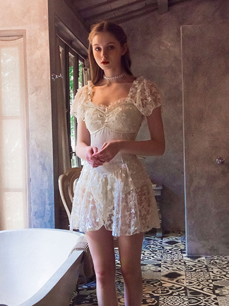 Fairy Style Lace Flowers Ruffles Vintage One Piece Swimwear Bathing Suit