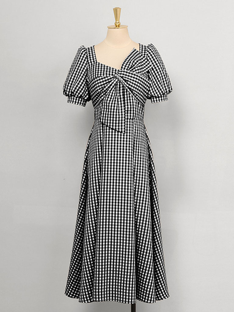 Plaid Short Sleeve Bow Cross Waist 1950S Vintage Dress