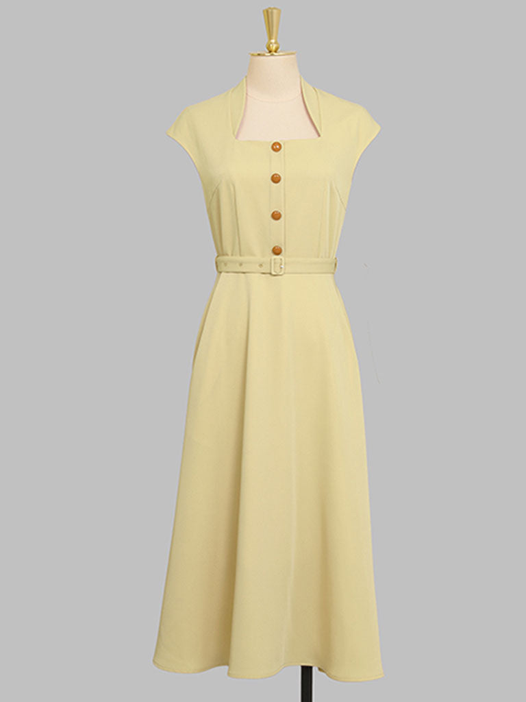 Retro Square Collar Hepburn Style Waist-length High-waisted Vintage 1950S Dress