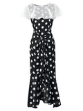 Black And White Polka Dot Vintage Lotus Leaf Cape Waist Slim Elegant Fishtail Dress