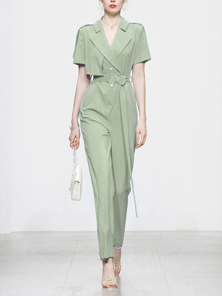 Lapel Collar Short Sleeve Asymmetric Design Belted Waist Jumpsuit