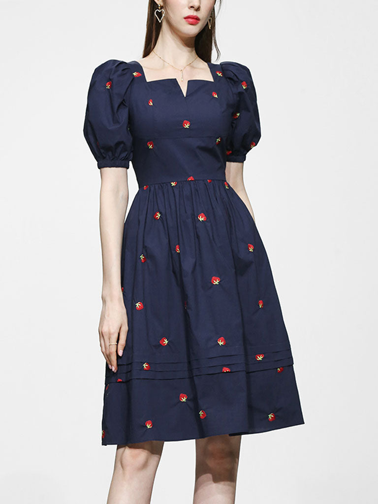 Navy Embroidered Vintage Square Neck Puff Sleeve Mini Dress