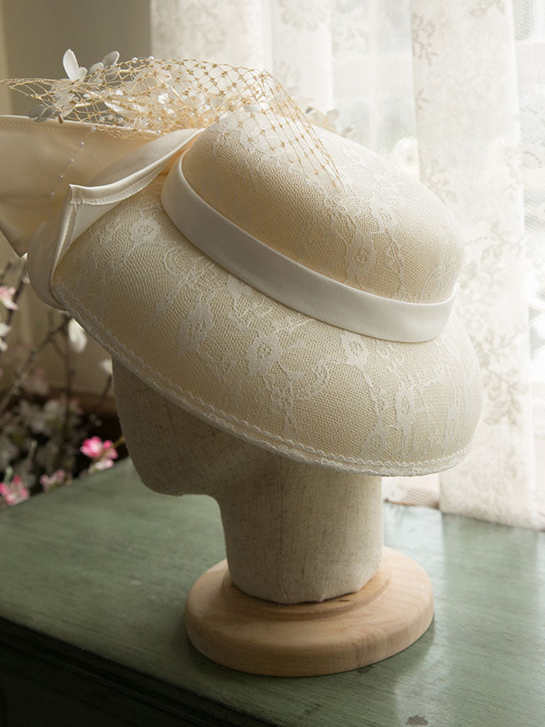 Beige Flower Bow Wedding Hat