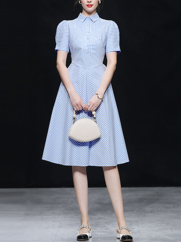 Blue Stripe Turn Down Collar 1950S Vintage Dress
