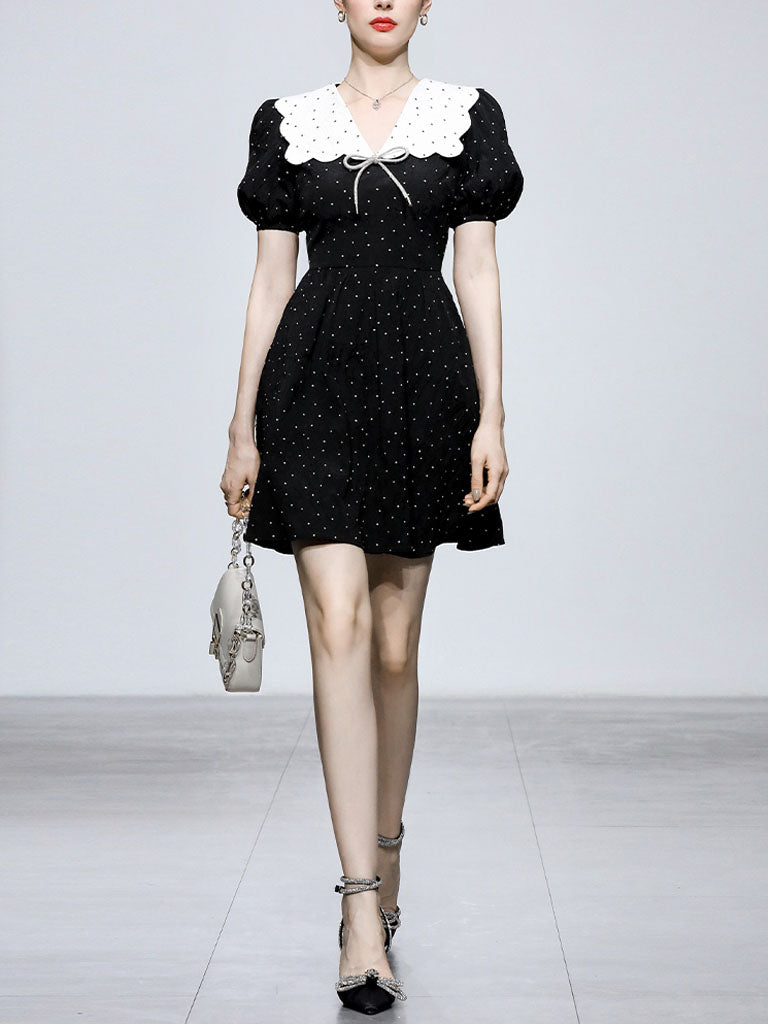 Polka Dot Doll Collar Puff Sleeves Mini Black Dress Vintage Style