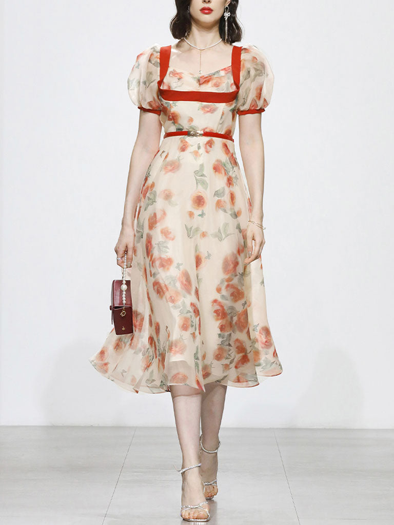 Romantic Rose Manor Retro Lantern Sleeve Wavy Organza Dress
