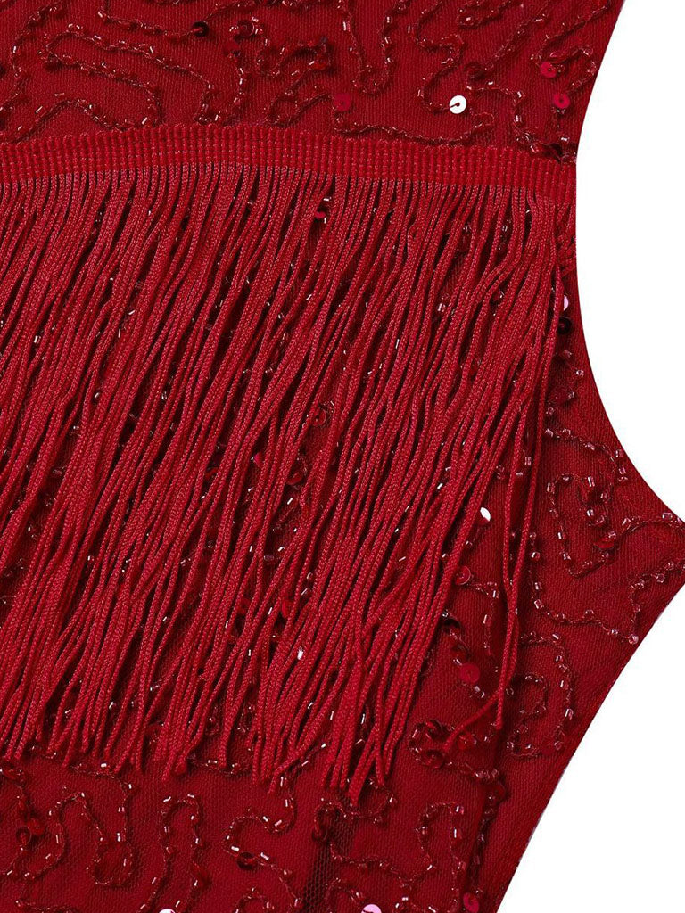 Wine Red Gatsby Glitter Fringe 1920s Flapper Dress Set