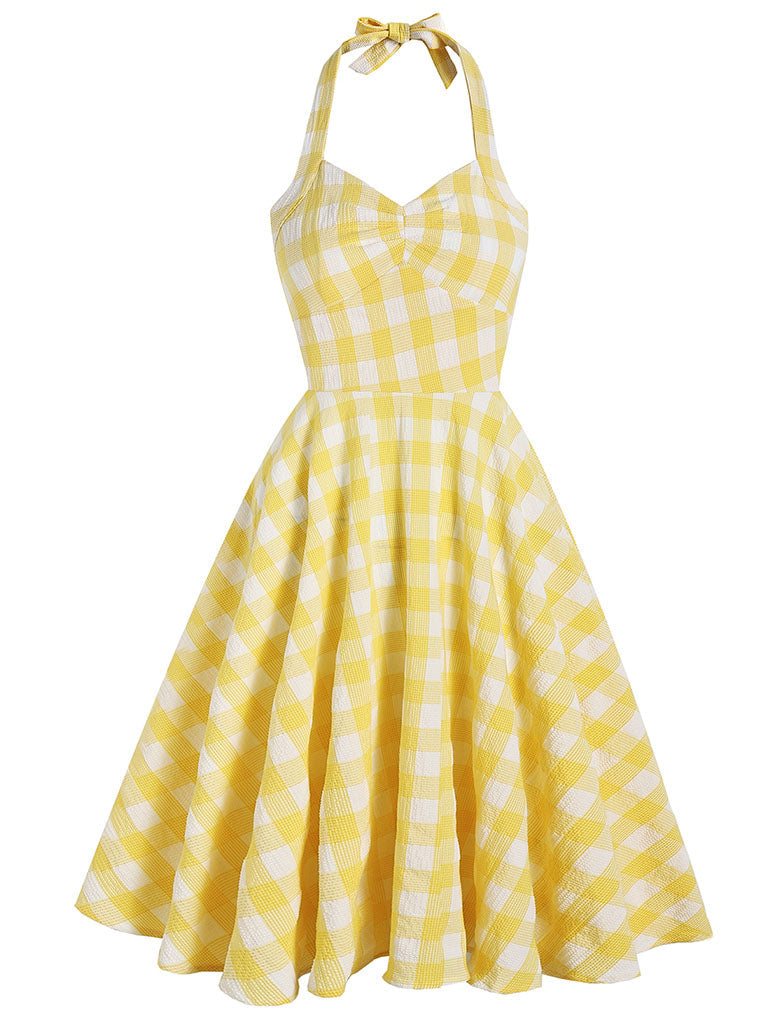 Yellow And White Plaid Halter Classis Style 1950S Dress Set