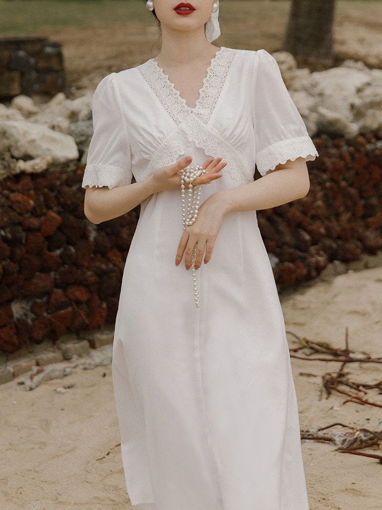 White Lace V-Neck Slim Fit Vintage 1920S Dress
