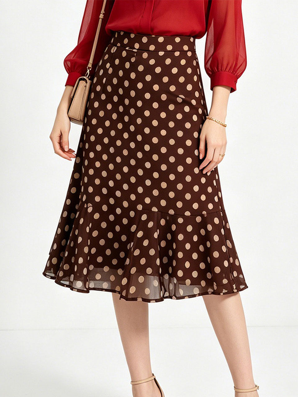 1950s Vintage Red Chiffon Shirt & Polka Dot Mermaid Midi Skirt Set