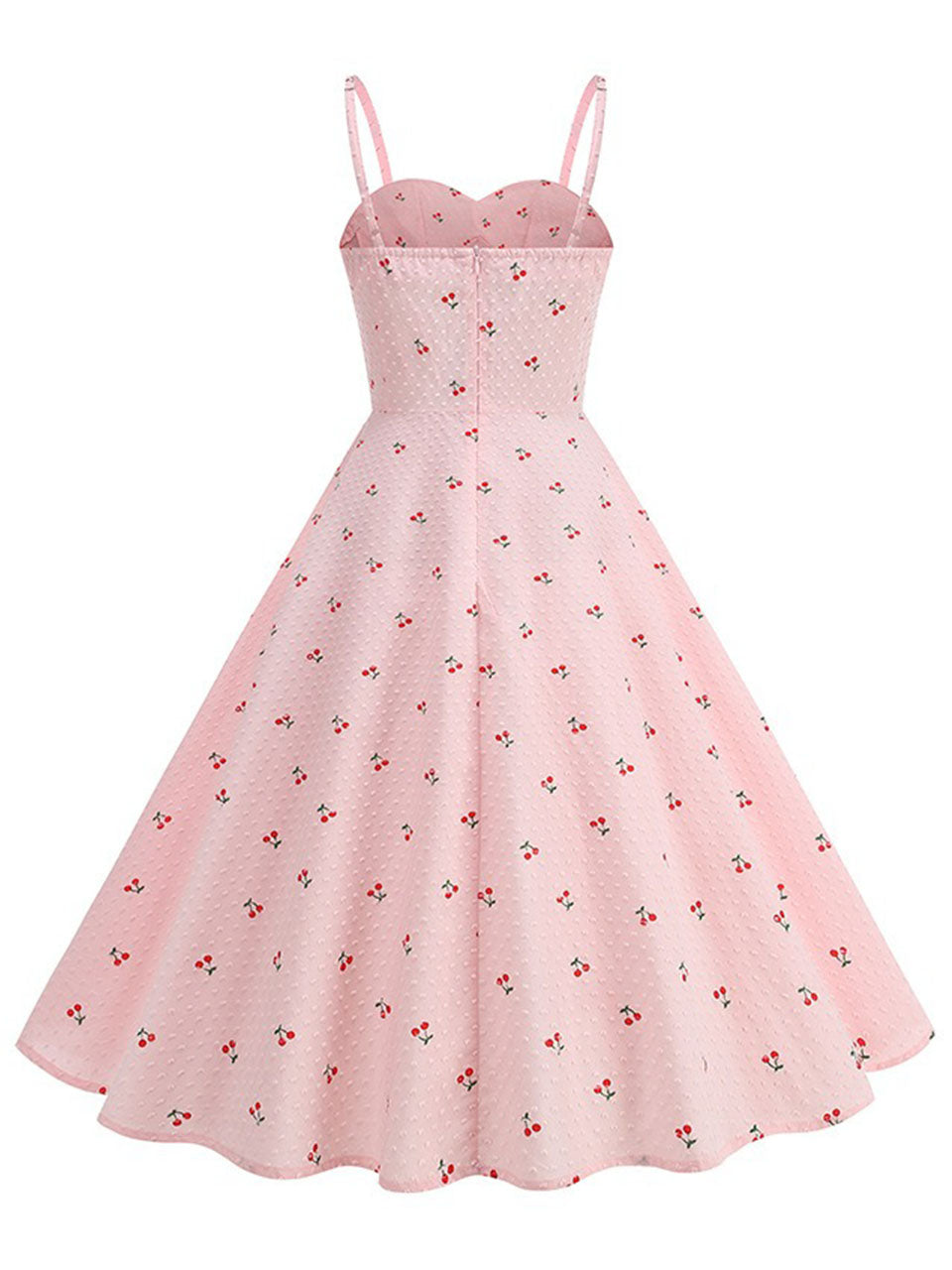 Vintage 1950s Pink Cherry Print Swiss Dot Spaghetti Straps Swing Dress