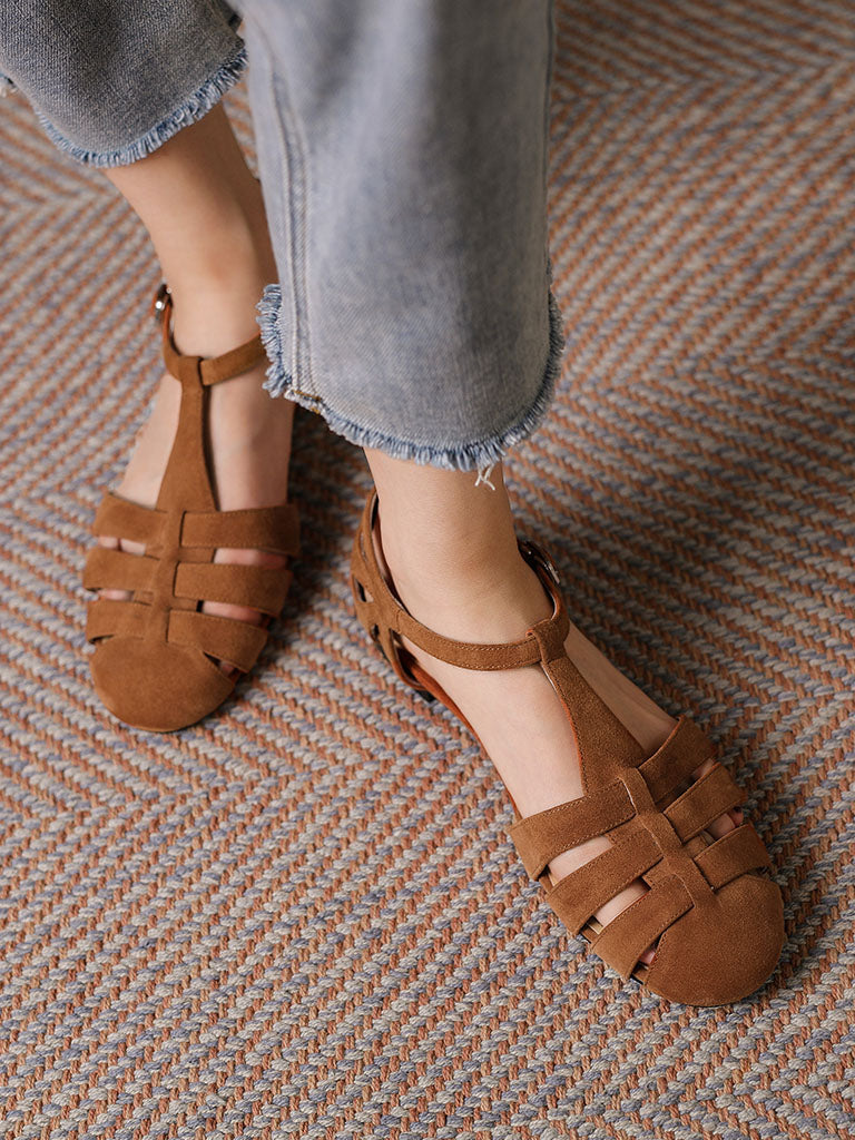 Flats Sandals Piont Toe Hollow Belt Leather Vintage Shoes