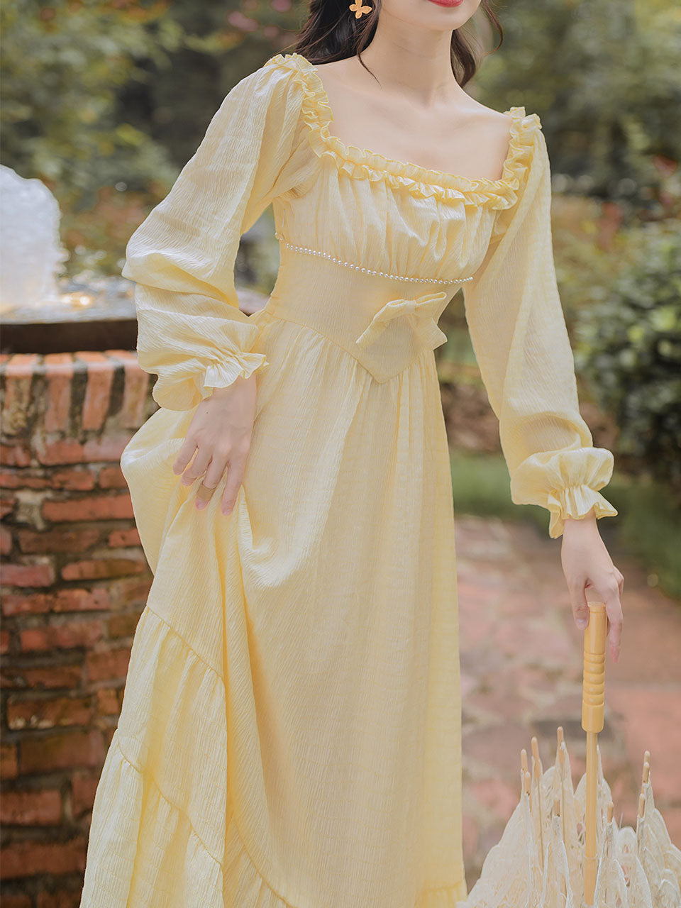 Yellow Pearl Square Neck Lace 1950S Swing Dress