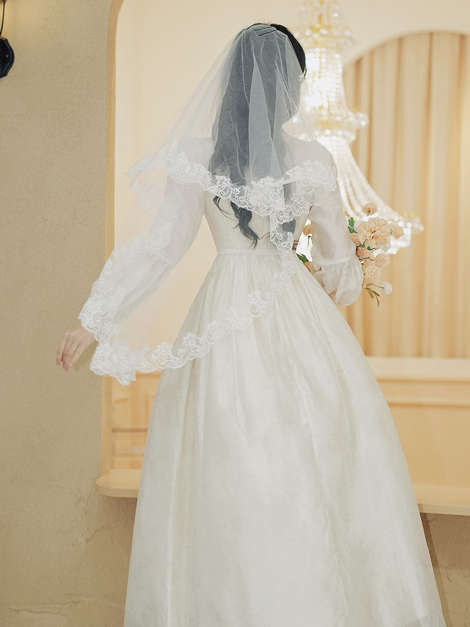 White V Neck Lace Long Sleeve Wedding Dress