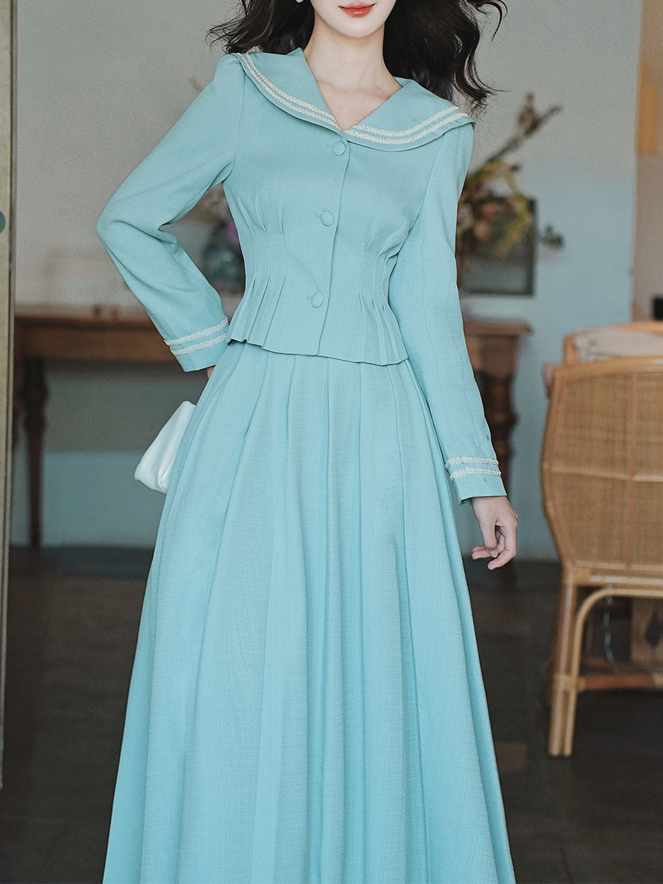 2PS Lake Blue Sailor Collar Tweed Coat
