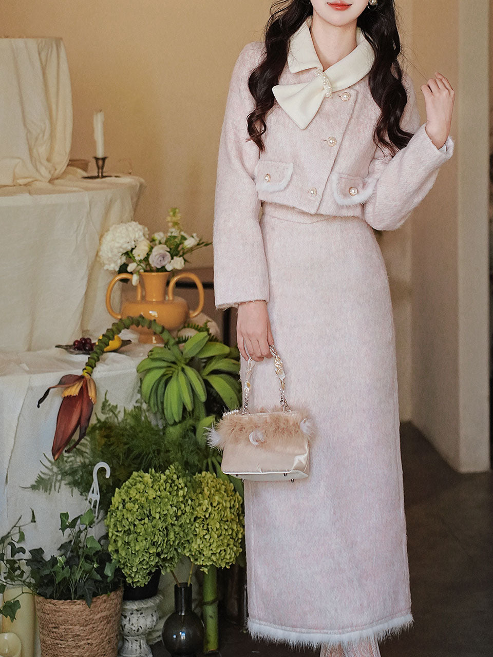 2PS Pink Turn Down Collar Long Sleeve Wool Coat